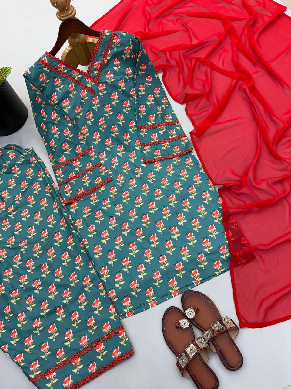 Teal Green Floral Print Farshi Suit model shot 9 – Kalyanja KU303